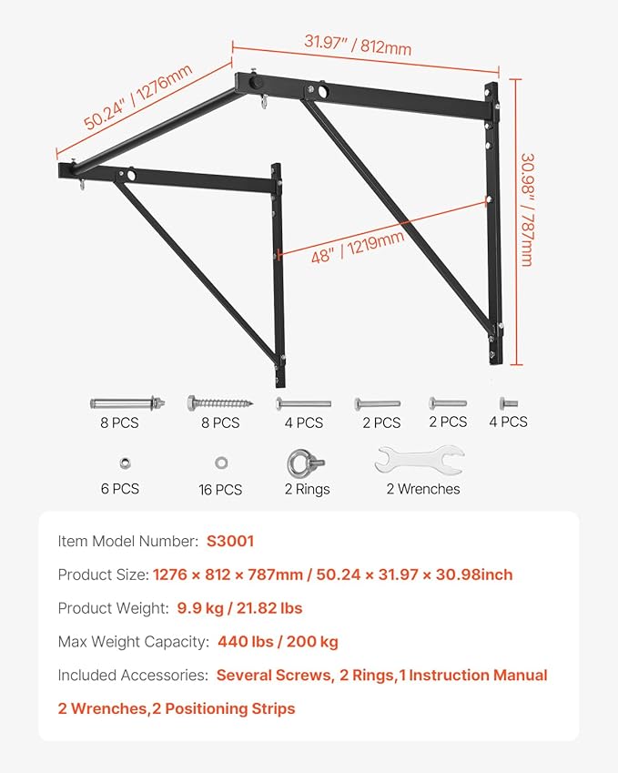 VEVOR Pull Up Bar, Multi-Grip Wall Mounted Pull Ups, 50 in Width Multifunctional Chin Up Training Station, Heavy Duty Steel Upper Body Workout Bars with Hangers, 440 lbs Weight Capacity, for Home Gym