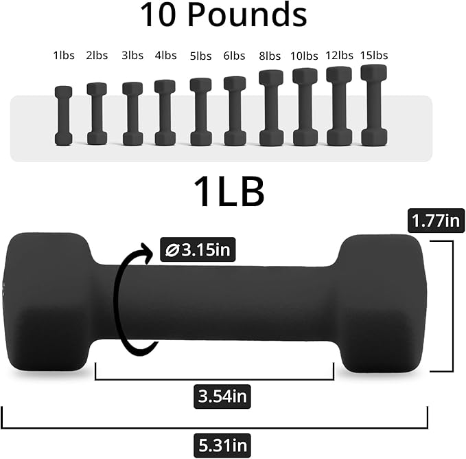 Portzon Weights Dumbbells with Neoprene Coating（Single）, 1LB-3LB Anti-Roll, Anti-Slip, Hexagonal Home Fitness Equipment for Shoulder, Neck, and Hand Training for Seniors over 55 old