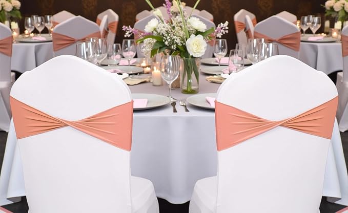 MDS Pack of 50 Spandex Chair Sashes Bows Elastic Stretch Dining Chair Bands Ties Without Slider Buckle Universal fits for Wedding Baby Shower Birthday Party Banquet Event Decoration - Coral Peach