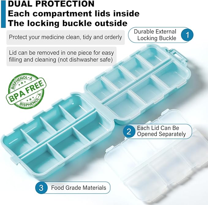 14 GRIDS Travel Pill Organizer Box with Labels - Travel Medicine Case Kit - Pocket Daily Pharmacy Container - Travel Medication Holder Dispenser for Fish Oil Vitamin Supplement Storage - Sky Blue