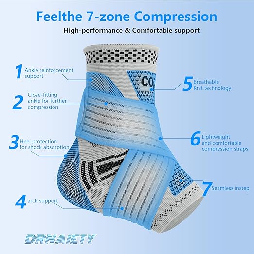 DRNAIETY Copper Ankle Brace for Men & Women - 1 Pair Adjustable Ankle Support Compression Sleeve for Plantar Fasciitis, Achilles Tendonitis, Foot Pain, Swelling, Sprains - Everyday Use (Grey, Medium)