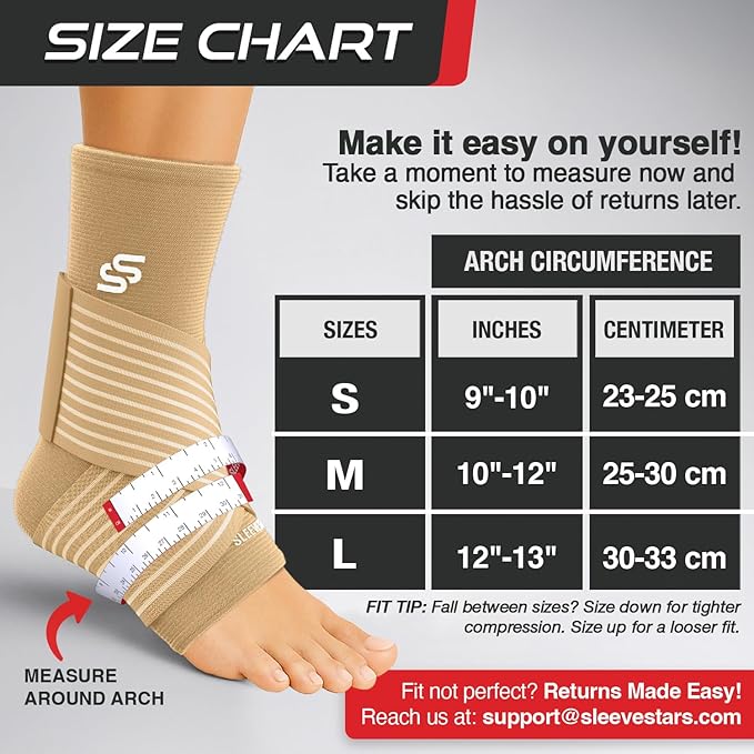 Sleeve Stars Ankle Brace for Women & Men, Ankle Wrap for Sprained Ankle, Compression Sleeve for Plantar Fasciitis Relief, Easy Customizable Support: w/Removable Strap (Single/S:9"-10"/Beige)