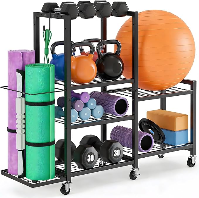 Home Gym Storage Rack 3-Tier Dumbbell Rack with Ball Holder & Side Basket Heavy Duty Vertical Workout Equipment Organizer for Yoga Mats Lockable Wheels