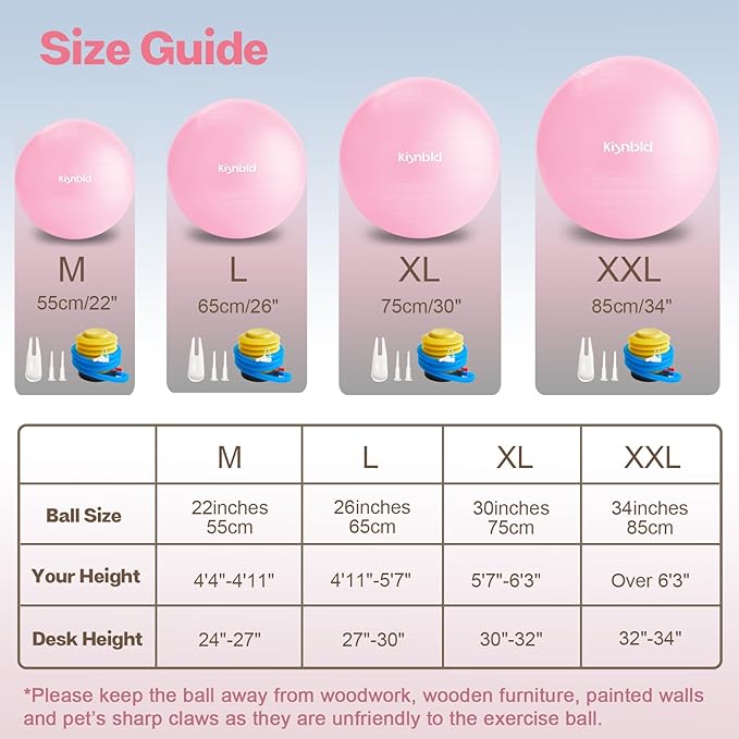 kisnbld Exercise Ball, Extra Thick Yoga Ball for Workout Pregnancy Stability, 4 Sizes Anti-Burst Balance Ball with Foot Pump - Heavy Duty Fitness Ball Chair for Office, Home & Gym
