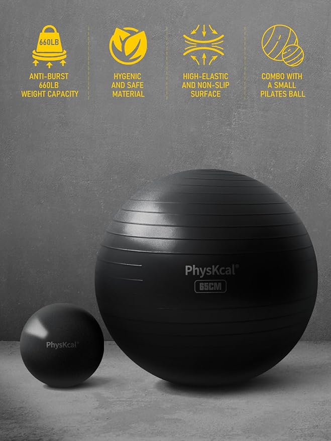 PhysKcal Yoga Ball for Exercise, Pilates Set, 4 Sizes Fitness Ball for Workout, Birthing, Pregnancy, Physical Therapy- Pump Included