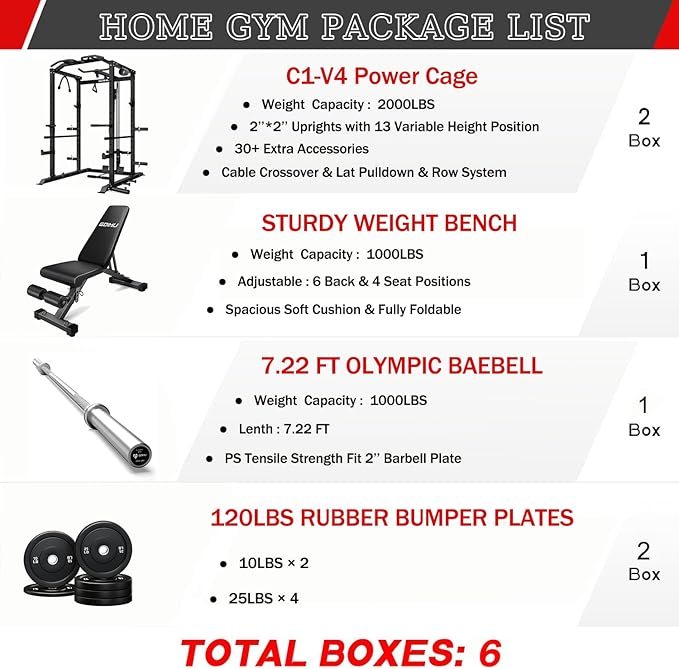 C1-V4 Power Cage, 2000LBS Squat Rack with LAT Pulldown, Multi-Function Weight Cage Strength Training Machine, Workout Cage with More Attachments for Home Gym Garage