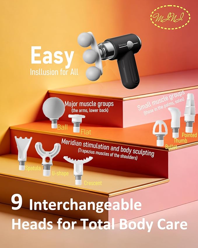 Mini Massage Gun Deep Tissue, Portable Handheld Massage Gun for Muscle Recovery, Quiet Percussion Massager with 9 Heads, USB-C Rechargeable Massage Gun for Travel, Gym & Office, Matte Black