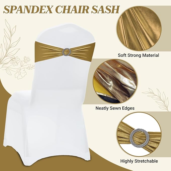 VDS - Gold Glitter | Spandex Chair Sashes Bows | 75 PCS | Stretch Elastic Banquet Universal Folding Chair Band Tie with Silver Buckle Slider for Wedding Party Conference Celebration Event Decoration