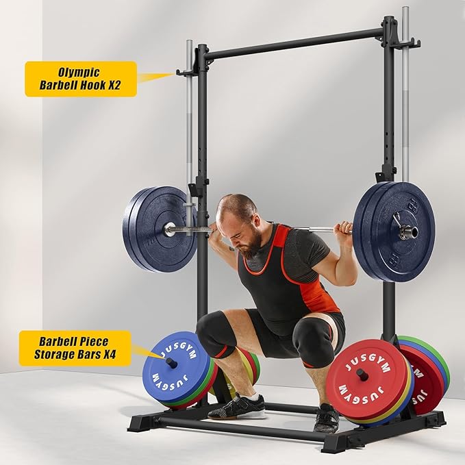 Jusgym Squat Rack with Pull Up Bar, Heavy Duty 600LBS Weight Capacity Squat Rack for Home Gym, Adjustable Multi-Functional Power Racks Strength Training Fitness Equipment