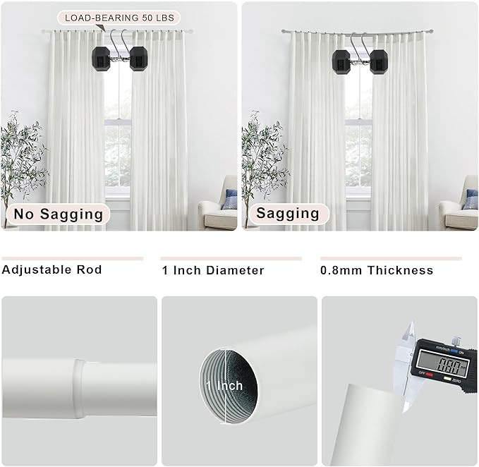 Matte White Curtain Rods for Windows 28 to 48",1 Inch Disc Wrap Around Curtain Rod with Aluminum Finials and Brackets,No Screw Disassembly Adjustable Blackout Curved Room Darkening Curtain Rod