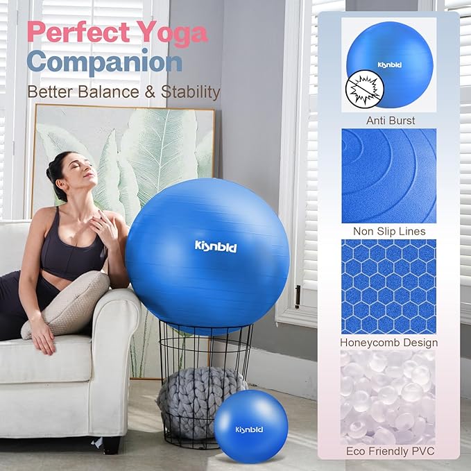 kisnbld Exercise Ball, Extra Thick Yoga Ball for Workout Pregnancy Stability, 4 Sizes Anti-Burst Balance Ball with Foot Pump - Heavy Duty Fitness Ball Chair for Office, Home & Gym