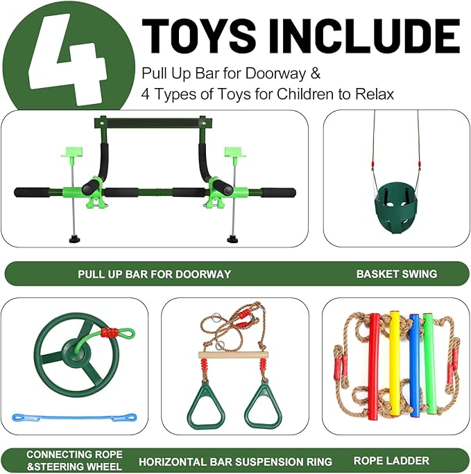 Doorway Swing for Kids & Door Pull Up Bar for Adults, Indoor Kid Swing with 4 Accessories, Multi-Function Doorway Gym, Fits Door Frame 24.41-30.51'' W x 3.94-6.69'' Thickness (Dark green)