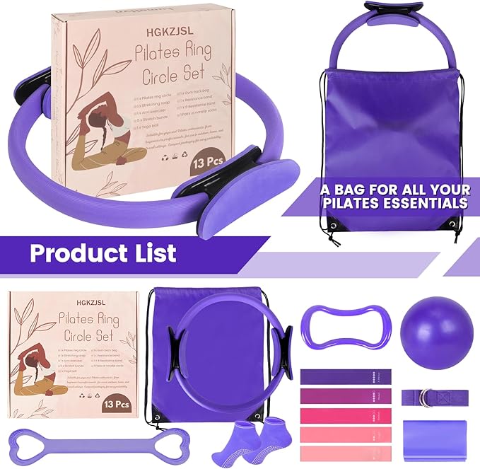 Pilates Kit for Women 13PCS, Pilates Ring and Ball Set with Magic Circle, Resistance Bands Set, Figure 8 Band, Yoga Ring & Grip Socks, Home Workout Equipment Essentials Starter Kit for Beginners