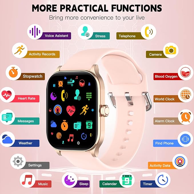 Smart Watch for Women Men(Answer/Make Call), Smartwatches with Heart Rate/SpO2/Sleep/Stress Monitor, IP68 Waterproof Activity Tracker for Android iPhone, 100+ Sports Fitness Watches (Pink, 1.85")