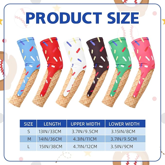 6 Pairs Ice Cream Drip Baseball Arm Sleeve Youth Baseball Elbow Compression Sleeve Kids Sport Gift