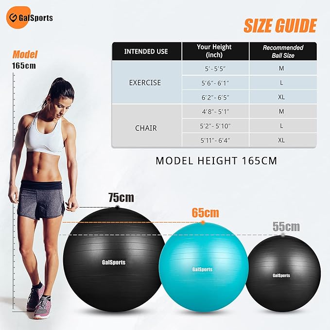 GalSports Stability Ball for Core Training & Physical Therapy – Anti-Burst, Slip-Resistant Yoga Ball for Home Gym, Pilates, Balance & Posture Improvemen