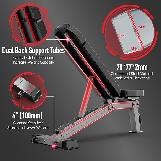 JOROTO Adjustable Weight Bench, 1300LBS Workout Bench for Home Gym Strength Training, Incline Decline Flat Bench Press with Wheels and Extended Backrest, Foldable Exercise Bench for Full Body Workout
