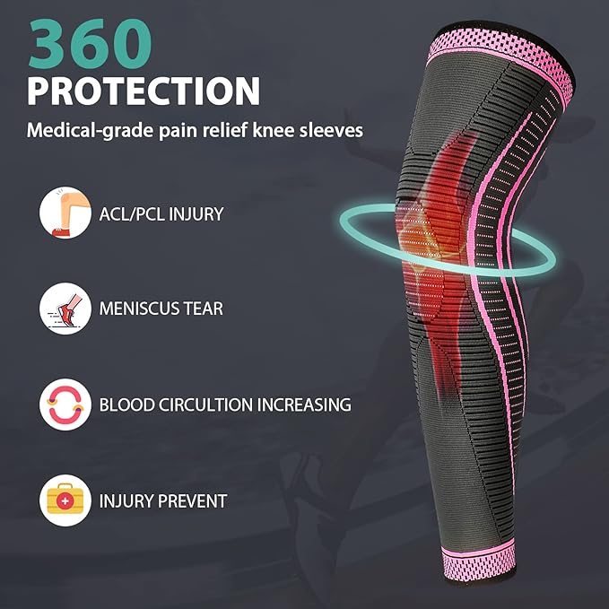 2 Pack Full Leg Compression Sleeves for Men And Women Long Knee Brace Support for Basketball, Running, Workout, Cycling, Sport