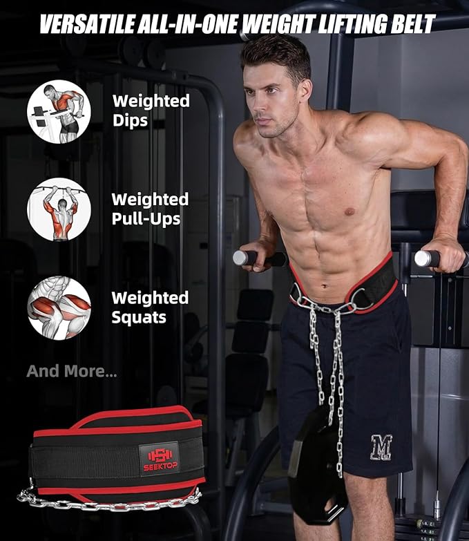 Seektop Dip Belt With Chain for Weightlifting - Neoprene Waist Belt for GYM Workout, Pull Ups, Crossfit, Weight Lifting, Squat, Training, Fitness - for Men & Women