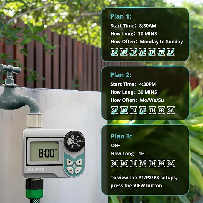 QUOBAS Low Pressure Water Timer, Weekly Programmable Sprinkler Timer with Brass Inlet & Outlet for Rain Barrel, Garden Hose, with Ball Valve & Waterproof Screen, Rain Delay/Manual/Auto Modes