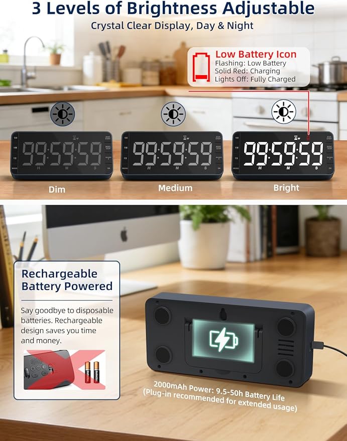 7.8" Digital Kitchen Timer with Large LED Display, Magnetic Rechargeable Countdown Timer, 5 Alarms & 4 Volume Levels, 99H Count Up/Down Timer for Cooking, Classroom & Study