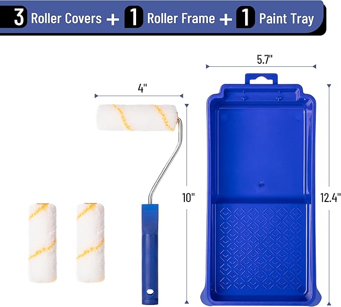 Bates- 4 Inch Paint Roller Kit, 5 pcs, 4 Inch Blue Tray & Frame, Small Paint Roller Set