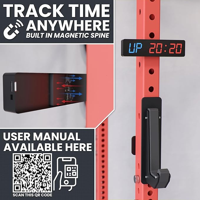 Synergee Magnetic Gym Timer Clock – Powerful Built-in Magnet, 30-Hour Battery Life, LED Display, Stopwatch, Tabata, EMOM & Interval Timer for Home Gym, Garage, or School Workouts