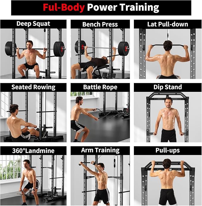JEEKEE Power Rack with LAT Pulldown, 2000LBS Power Cage with Cable System, Multi-Function Squat Rack with J-Hooks, Safety Bars, Landmine, Pull Up Bar & Attachments for Home Gym Strength Training,Black