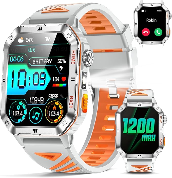 Military Smart Watch for Men, 2.01” Fitness Tracker with 1200mAh Battery Life, Bluetooth Calling, Flashlight, 5ATM Waterproof, Heart Rate & Sleep Tracking, 110+ Sports Modes for Android & iPhone