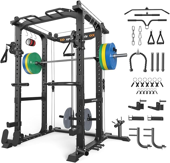 Sportsroyals Squat Rack, LAT Power Cage, Power Rack Multi-Function with Pulley System and Training Attachments for Home Gym