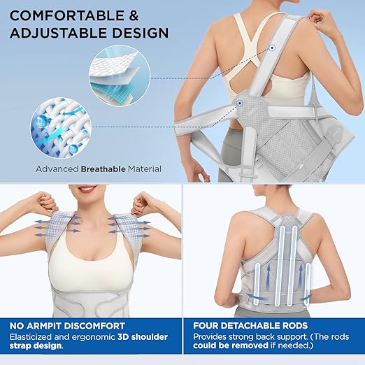 Vicorrect Posture Corrector for Women and Men: Back Support Brace Relieve Upper Back Shoulders Pain (Gray, Medium)