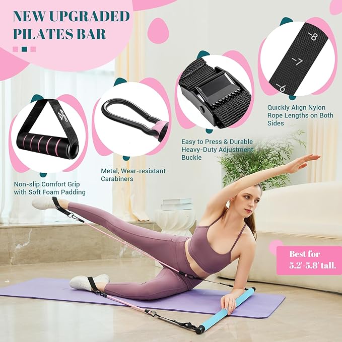 COFOF Pilates Bar Kit with Resistance Bands, Multifunctional Yoga Pilates Bar with Heavy-Duty Metal Adjustment Buckle, Portable Home Gym Pilates Resistance Bar Kit for Women Full Body Workouts