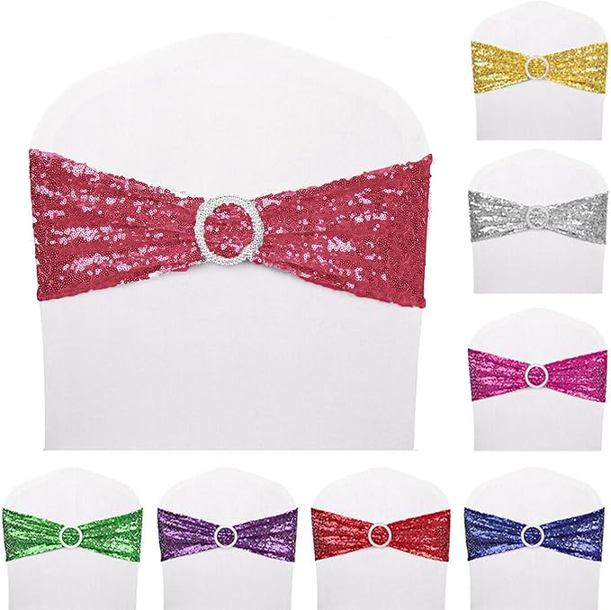 Dimatic 50 PCS Stretch Sequin Chair Sashes Chair Stretchy Spandex Bands for Wedding Reception Events Banquets Chairs Decoration (Magenta)