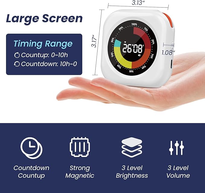 PERSUPER Visual Timer for Kids, 10 Hours Countdown/Up, with Rechargeable, 3 Volume Levels, 3 Brightness Display, and Magnetic, Homeschool Study Tool, Large Digital Timers for Classroom, Kitchen