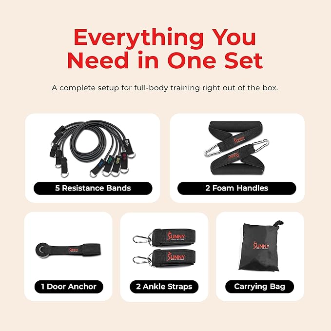 Sunny Health & Fitness Premium Resistance Band Set with Door Anchors, Wrist Straps, Handles Carry Bag Optional Padded Ankle Straps (Pair) for Strength Training, Booty Workout, Lower Body Exercises