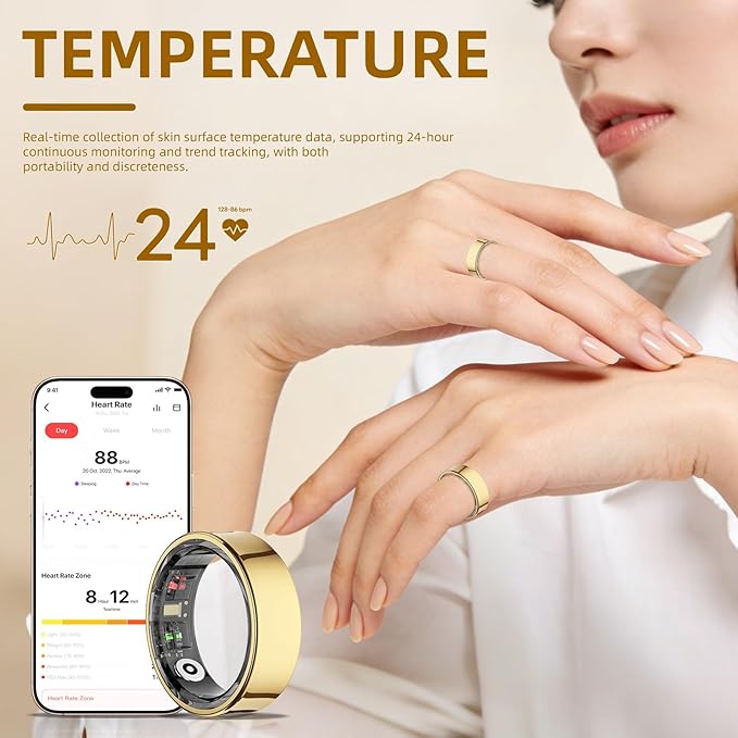 Smart Ring for Women& Men, Fitness Ring & Sleep Tracker Health Tracker With Heart Rate & Blood Oxygen Monitor, Step Counter Ring,IP68 Waterproof, No Subscription Fee for IOS & Android (Gold, #8)