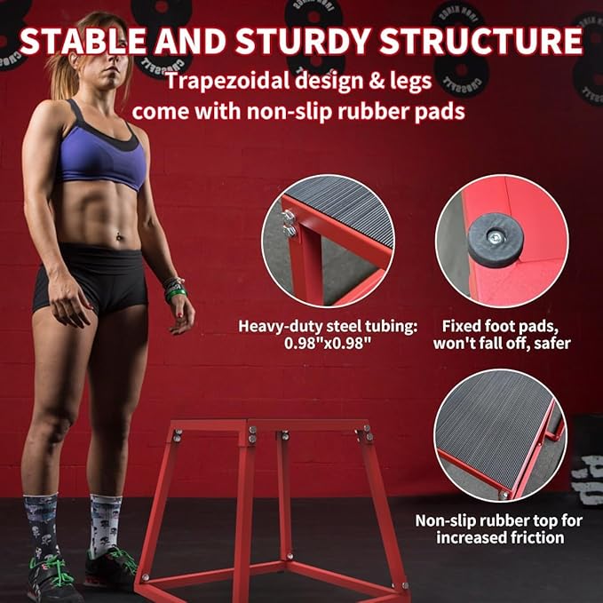 Metal Plyometric Jump Box, Steel Plyometric Platform and Jumping Box with Anti-Slip Top - 12/18/24/30 Inch for Home Gym Training (Black/Red)