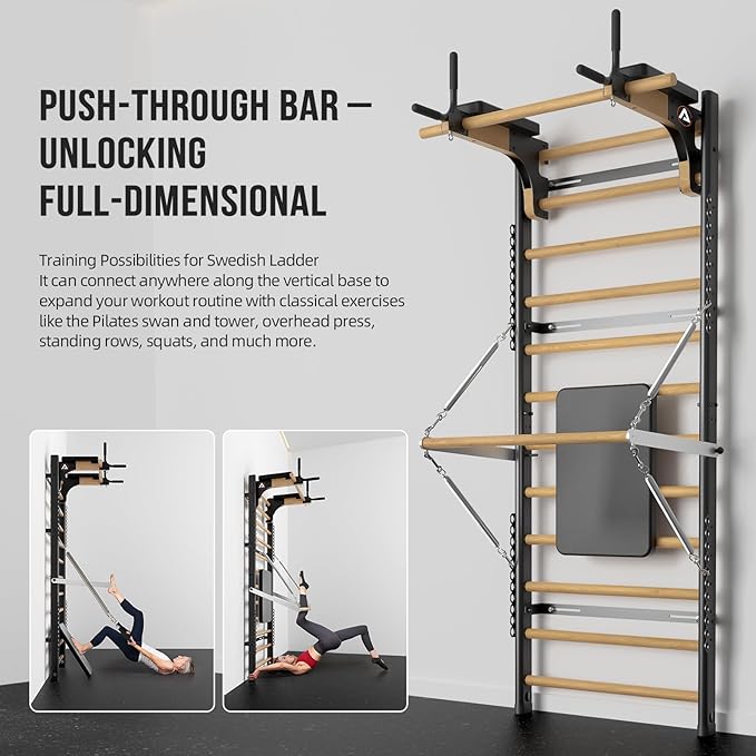 Swedish Ladder Pro, Wood Stall Bar with Push-Through Bar, Adjustable Pull-Up Dip Bar for Adults and Kids, Accessories Bundle, Spring, for Home, School, Physical Therapy and Gymnastics