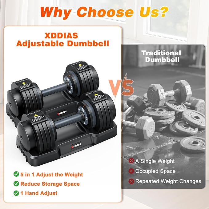 XDDIAS Adjustable Dumbbell Set of 2, 25/55/80LB Dumbbell Set-Fast Adjust Weights Set, 5/10/16 in 1 Free Weights Dumbbells Set with Anti-Slip Metal Handle, Compact Size for Men/Women Home Gym Equipment