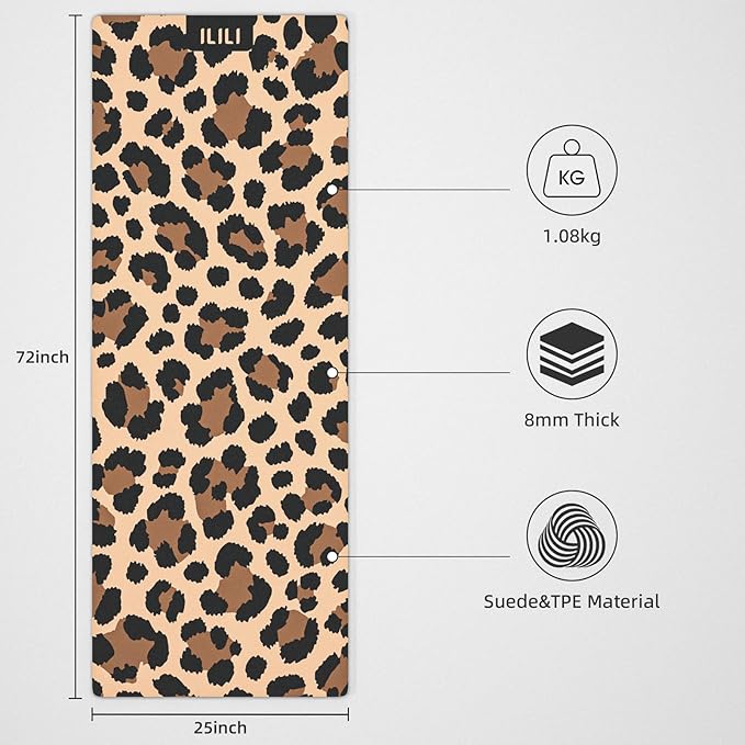 ILILI Yoga Mat Leopard Print Yoga Mat 8mm, Suede & TPE Thick Exercise Mat, Workout Mat for Women Men, 72''x25'' Fitness Mat with Strap for Home Gym, Yoga, Pilates, Stretching