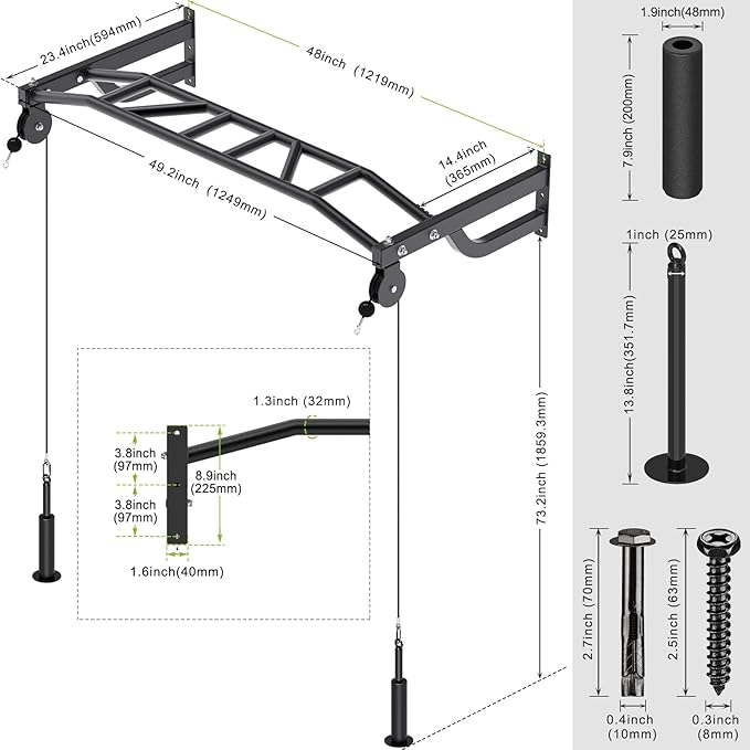 SELEWARE 48'' Heavy Duty Pull Up Bar Wall Mount Multi-function Chin up Bar with Home Gym Cable Pulley System LAT Pulldown Workout Attachments Heavy Bag Hanger