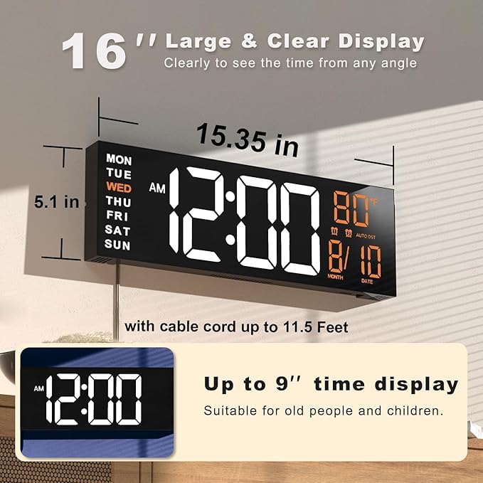 JALL 16" Large Digital Wall Mount Clock, Count Down Timer, Alarm, Big LED, RGB Color, DST, Temperature for Living Room Classroom Desk, Xmas, Birthday Gift Digital Wall Clock for Senior (White Orange)