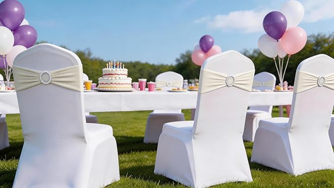 50 Pack Spandex Ivory Chair Sashes Bows with Slider Buckles for Wedding Party Feast Banquet Restaurant Event Bridal Baby Shower Decoration