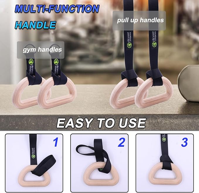 J Bryant Fitness Wooden Gymnastic Rings - Pull Up Grips & LAT Pull Down Gym Handles Design, Sturdy Webbing Straps with D-Rings, Pilates, Strength Training, and Portable Fitness - Includes Carry Bag