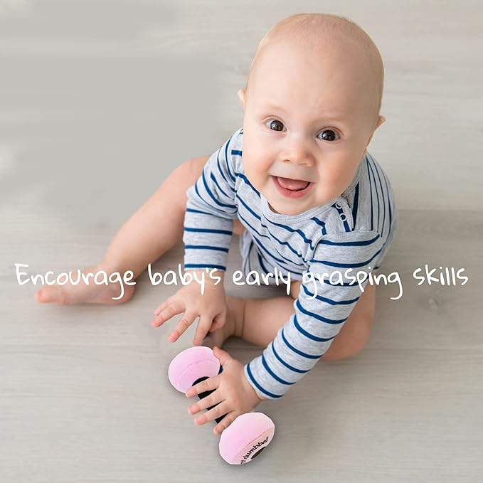 June Garden 6" My First Dumbbell - Plush Baby Rattle Toy - Safe Soft Barbell Workout Toy for Infants Boys and Girls - Pink