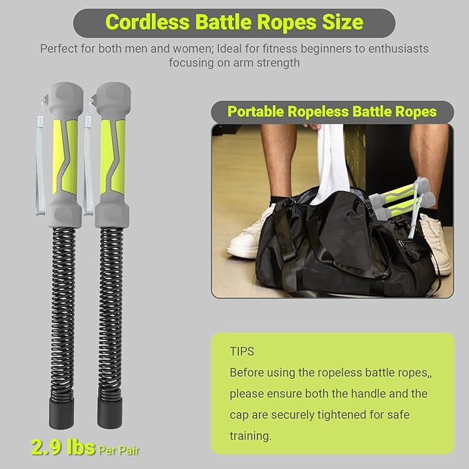 Weighted Cordless Battle Ropes for Home Gym: 2026 Upgraded 3-in-1 Function Portable Battle Ropes for HIIT Workouts, & Muscle Training, Low-Impact Cardio Training for Men & Women (Green Handle)
