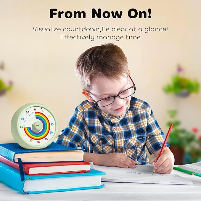 Visual Timer for Kids, 60-Minute Countdown Timer for Classroom Office Kitchen, Desk Timer Kids Time Management Tools with Silent Operation, Pomodoro Time Rainbow Pattern (Grass Green)