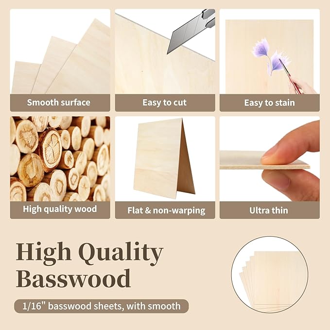 Balsa Wood Sheet, 5 Pack Plywood Sheets, Basswood Sheets 12X12X1/16 Inch, Unfinished Wood Boards Blanks for Laser Cutting, Engraving, Burning, Crafts