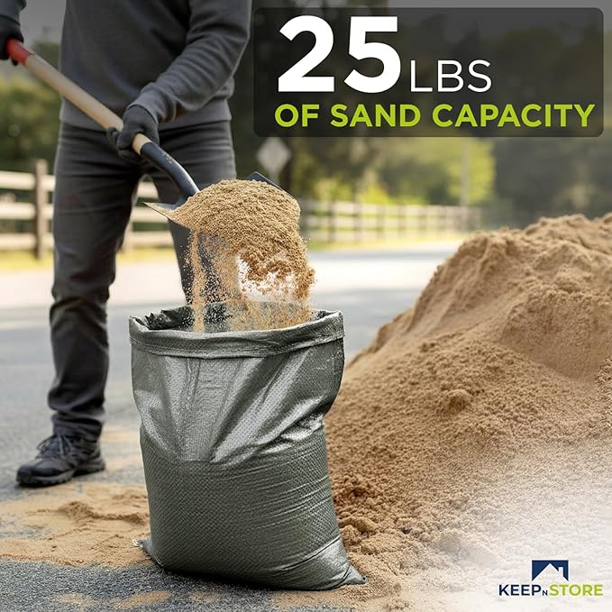 Heavy Duty Sand Bags Pack of 6, Army Green Empty Sandbags with Built-In Ties, Woven Polypropylene UV Protection 1600 Hours, Fillable Bags for Flood Control, Weight, 12x20 inches, 25 Pounds Volume