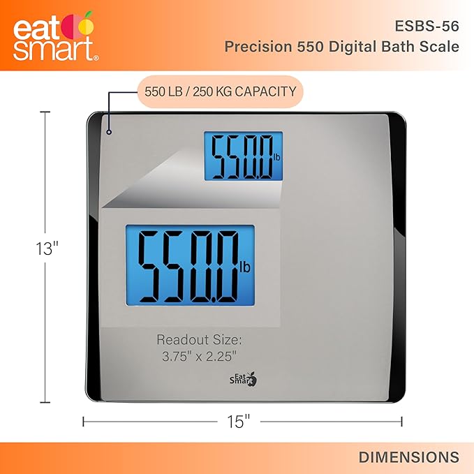 Eat Smart Precision 550 Pound Extra-High Capacity Digital Bathroom Scale, Extra-Wide Platform, Stainless Steel Body Weight Scale with Step-On Tech, Silver